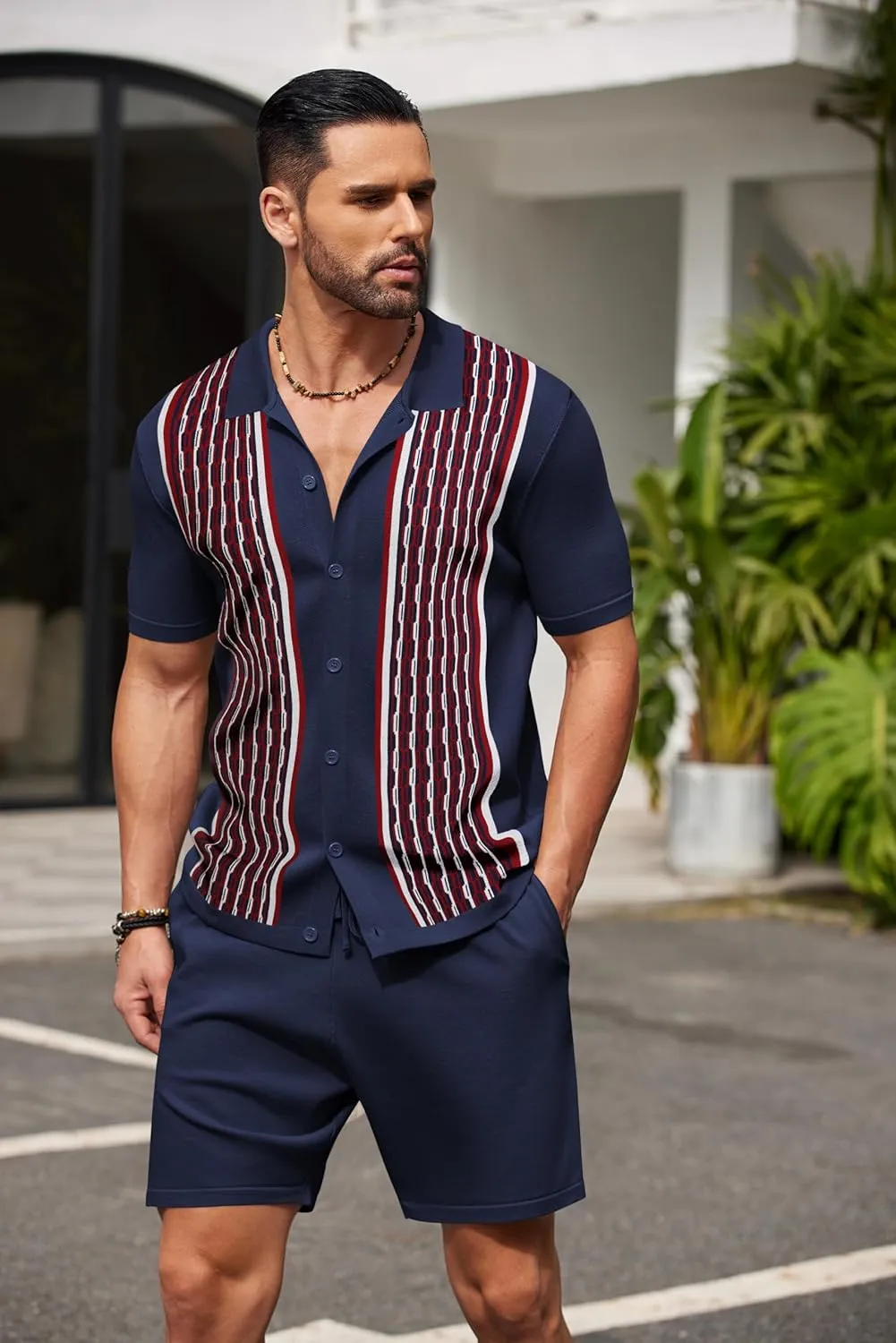 COOFANDY Men's 2 Piece Outfit Vintage Short Sleeve Button Down Knit Polo Shirts Casual Beach Shorts Sets