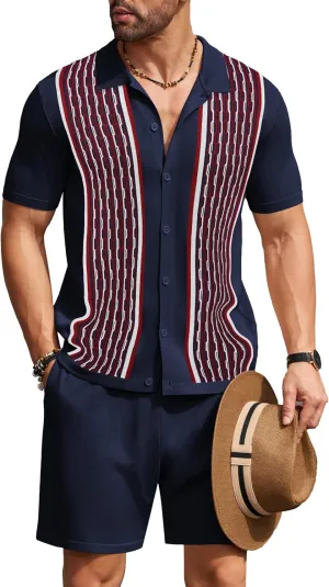 COOFANDY Men's 2 Piece Outfit Vintage Short Sleeve Button Down Knit Polo Shirts Casual Beach Shorts Sets