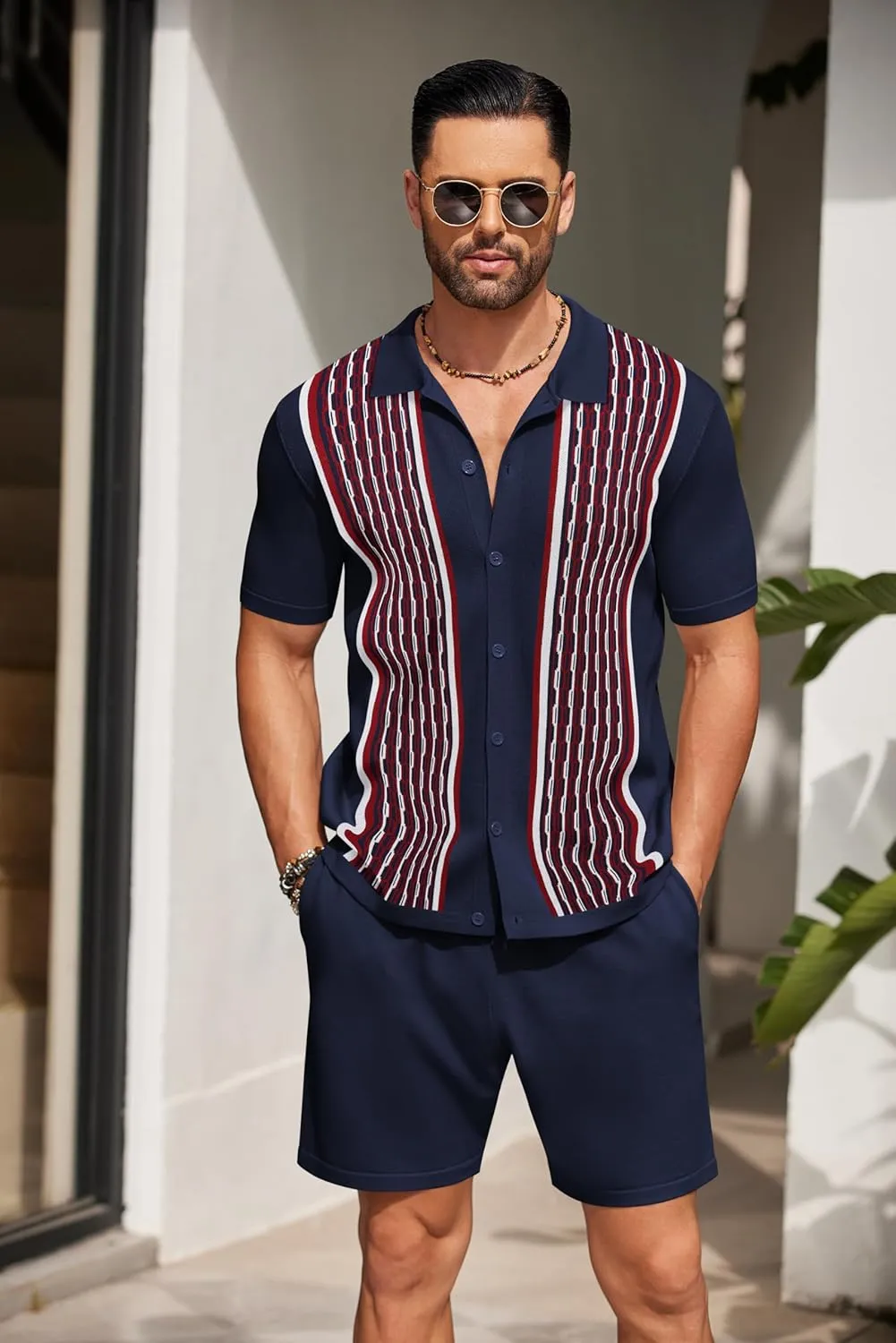 COOFANDY Men's 2 Piece Outfit Vintage Short Sleeve Button Down Knit Polo Shirts Casual Beach Shorts Sets