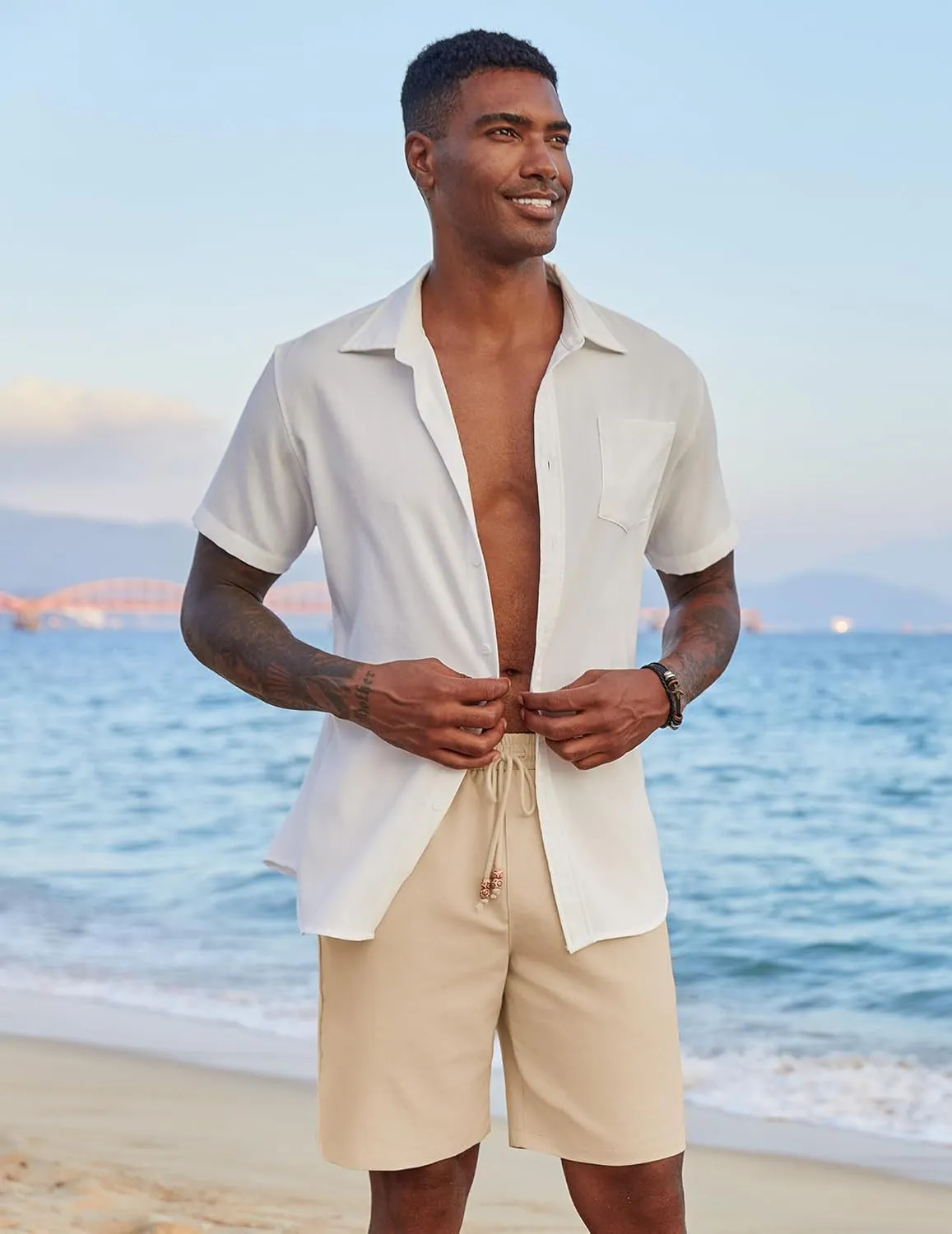 COOFANDY Mens Casual Linen Shorts Elastic Waist Drawstring Loose Fit Summer Beach Vacation Shorts with Pockets