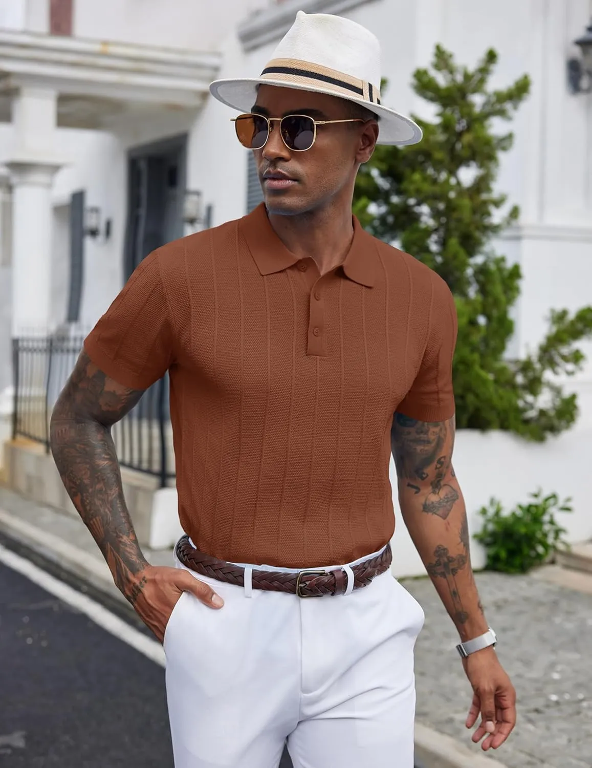 COOFANDY Mens Knit Polo Shirts Short Sleeve Ribbed Textured Polo Shirt Lightweight Casual Golf Shirts Collared T Shirt