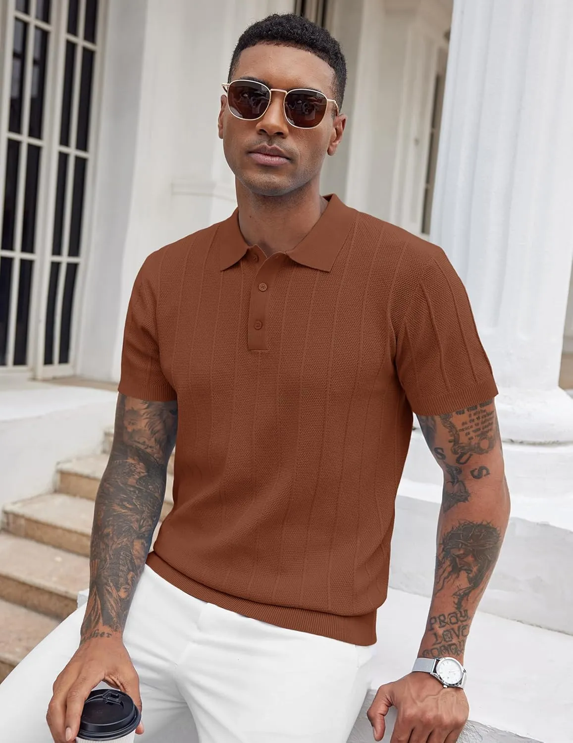 COOFANDY Mens Knit Polo Shirts Short Sleeve Ribbed Textured Polo Shirt Lightweight Casual Golf Shirts Collared T Shirt