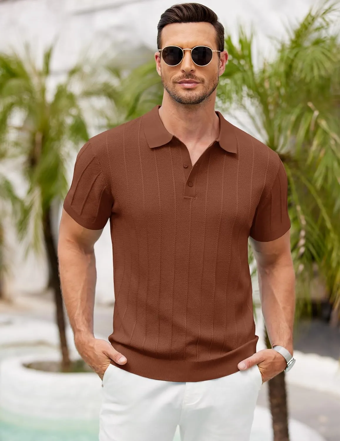 COOFANDY Mens Knit Polo Shirts Short Sleeve Ribbed Textured Polo Shirt Lightweight Casual Golf Shirts Collared T Shirt