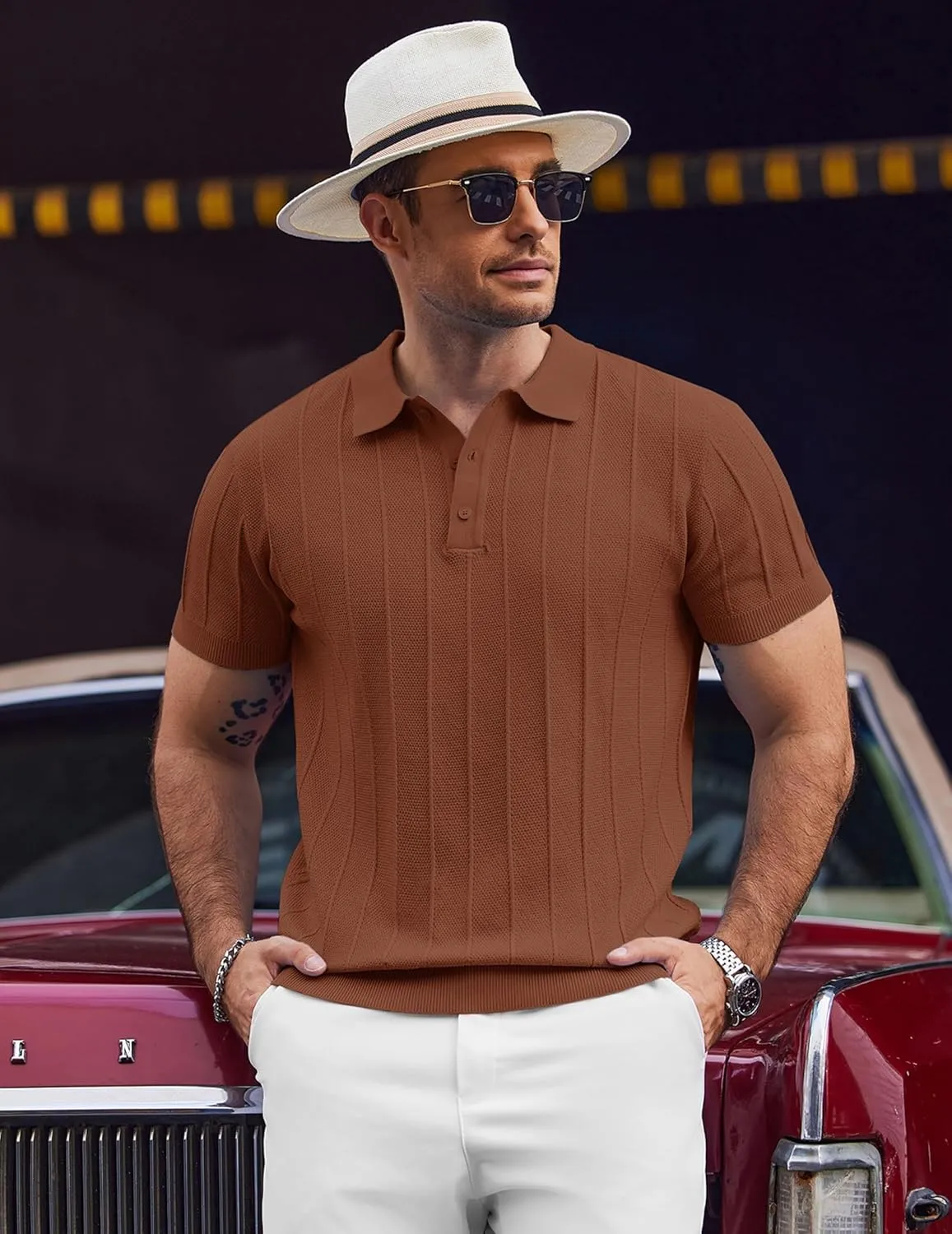 COOFANDY Mens Knit Polo Shirts Short Sleeve Ribbed Textured Polo Shirt Lightweight Casual Golf Shirts Collared T Shirt