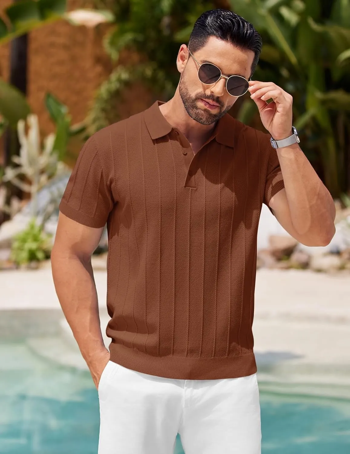 COOFANDY Mens Knit Polo Shirts Short Sleeve Ribbed Textured Polo Shirt Lightweight Casual Golf Shirts Collared T Shirt