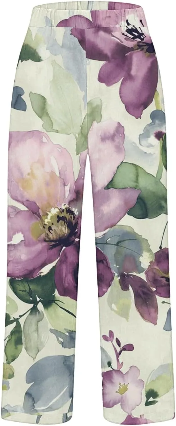Cotton Linen Floral Cropped Pants for Women Summer Elastic Waist Straight Wide Leg Boho Beach Trouser with Pockets