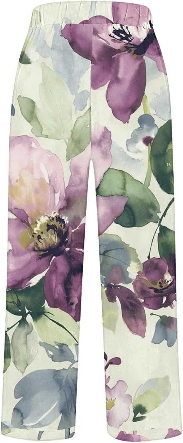 Cotton Linen Floral Cropped Pants for Women Summer Elastic Waist Straight Wide Leg Boho Beach Trouser with Pockets