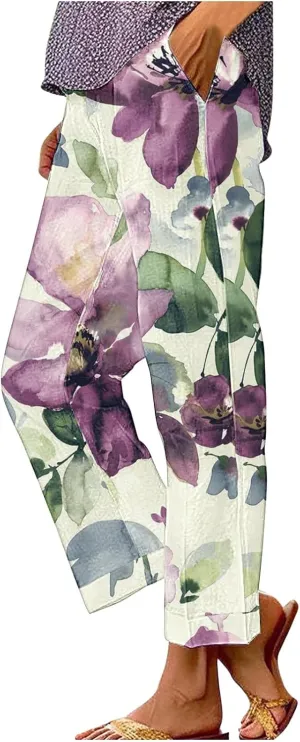 Cotton Linen Floral Cropped Pants for Women Summer Elastic Waist Straight Wide Leg Boho Beach Trouser with Pockets