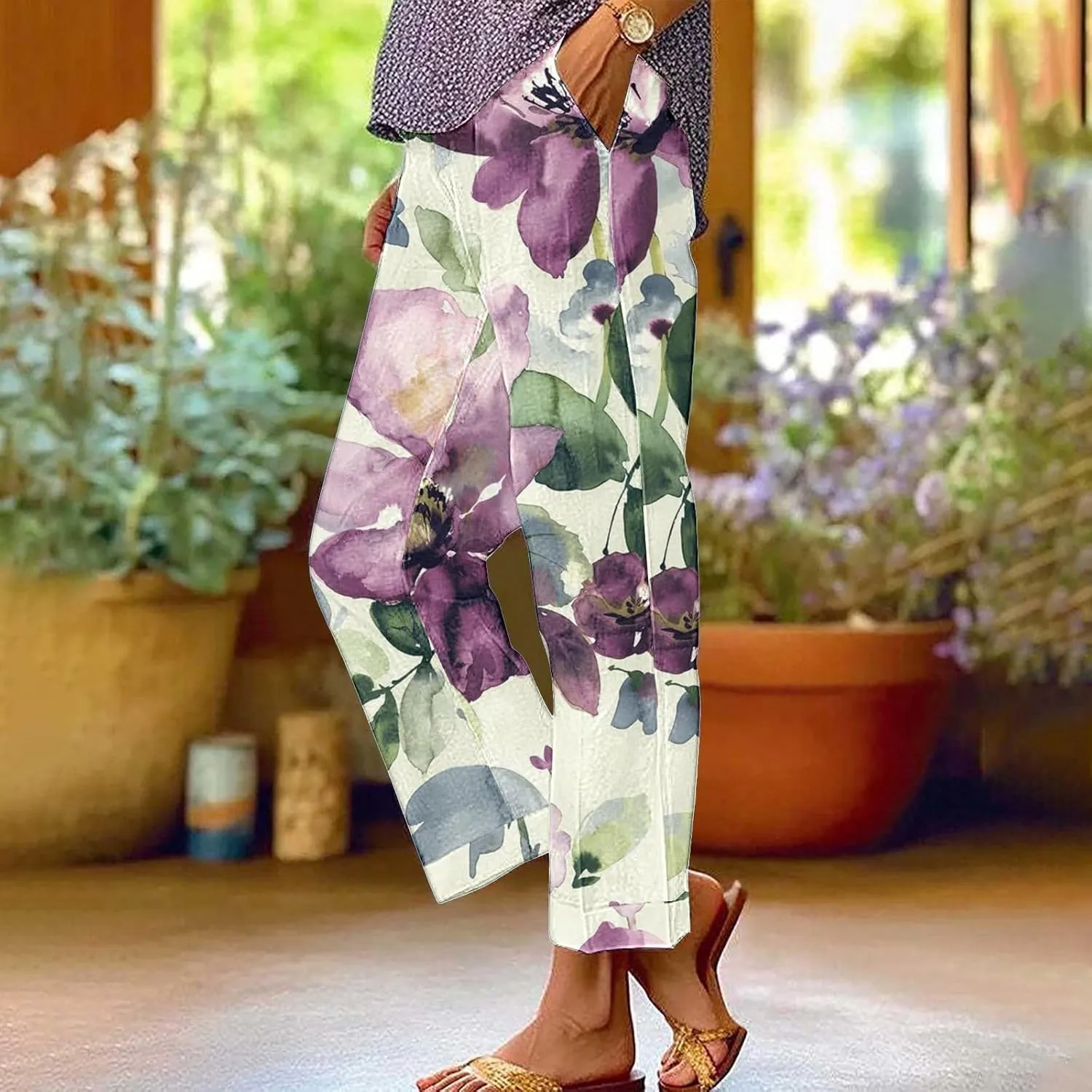Cotton Linen Floral Cropped Pants for Women Summer Elastic Waist Straight Wide Leg Boho Beach Trouser with Pockets