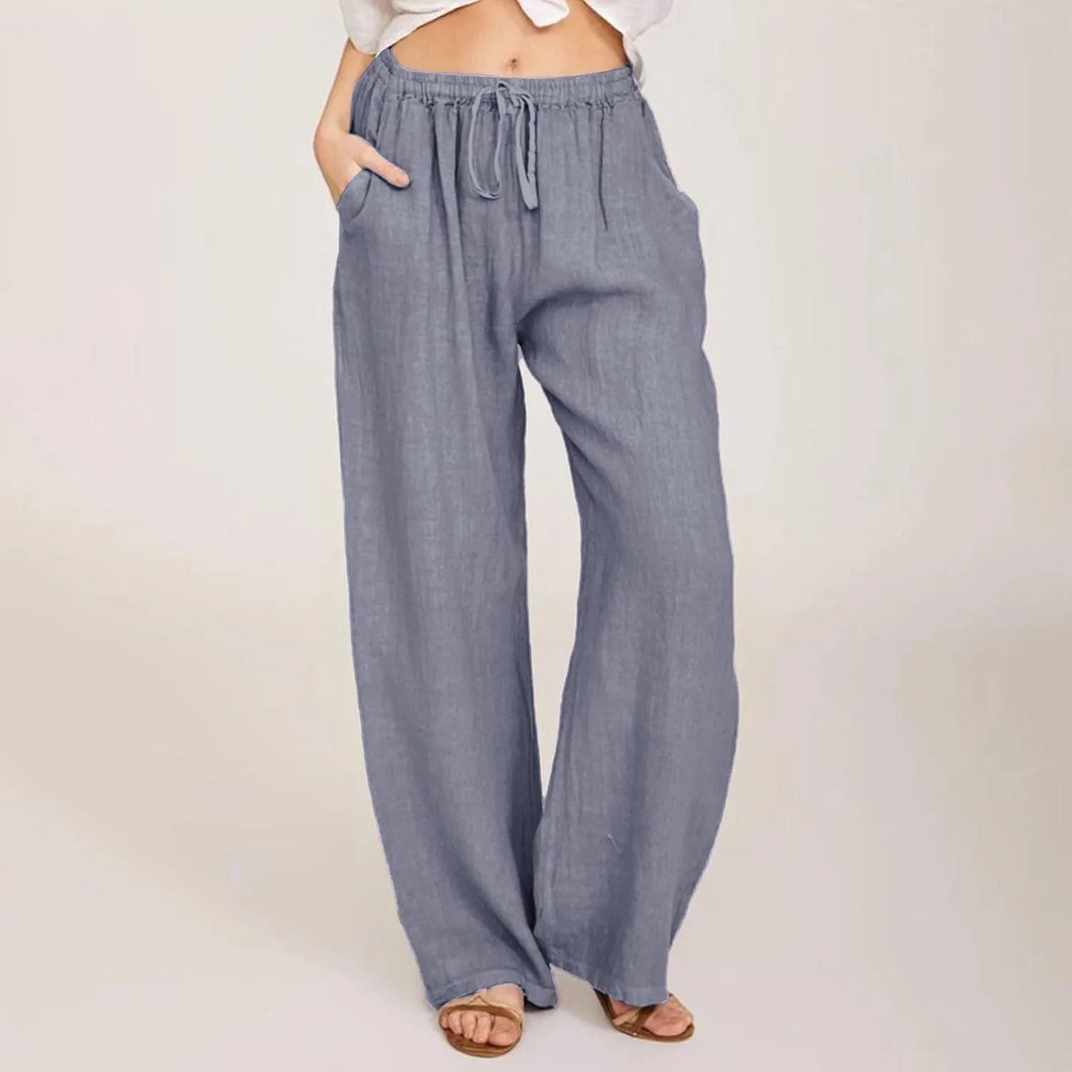 Cotton Linen Palazzo Pants for Women Casual Summer Boho Pants Lightweight High Waisted Wide Leg Pants with Pockets