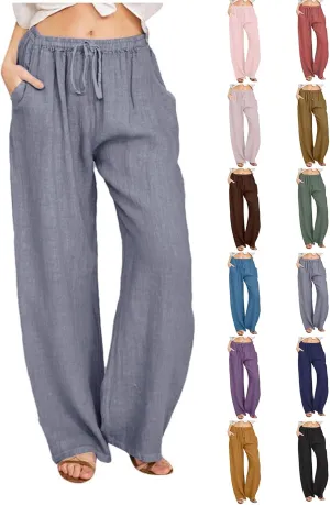 Cotton Linen Palazzo Pants for Women Casual Summer Boho Pants Lightweight High Waisted Wide Leg Pants with Pockets