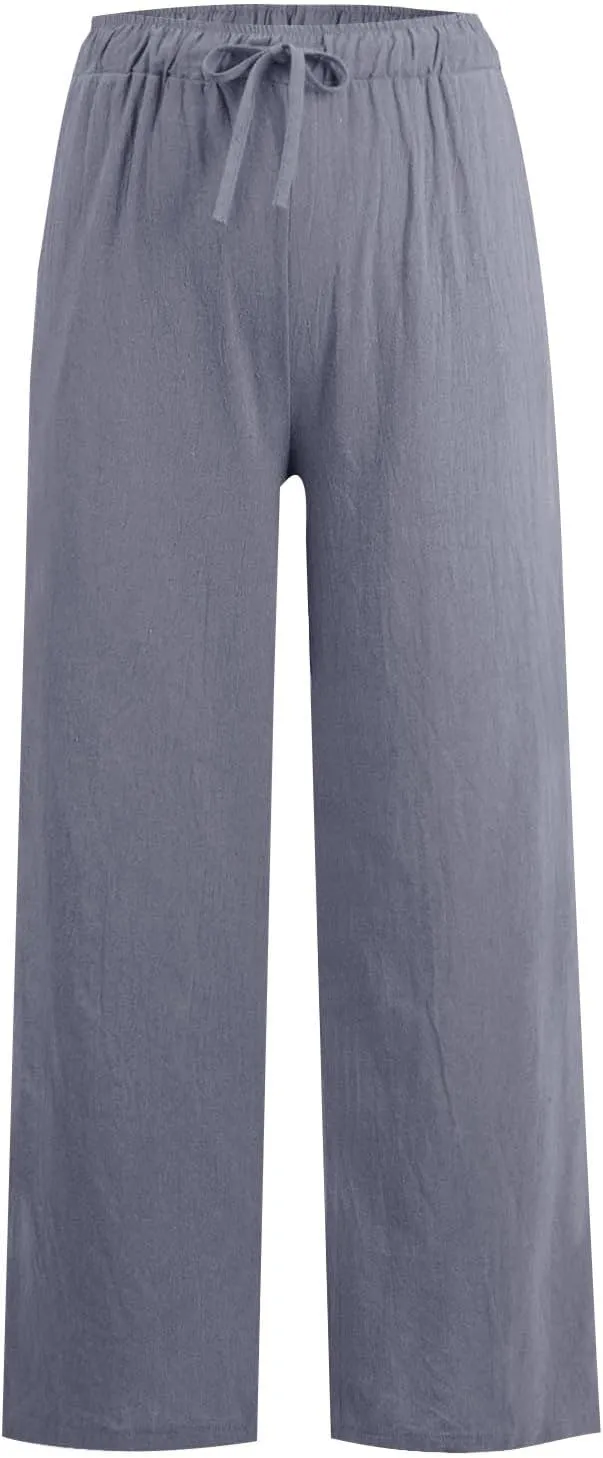 Cotton Linen Palazzo Pants for Women Casual Summer Boho Pants Lightweight High Waisted Wide Leg Pants with Pockets