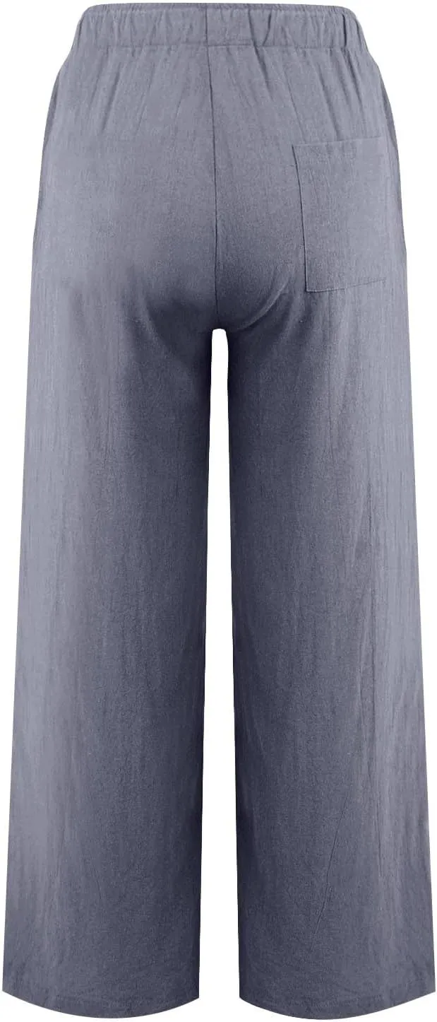 Cotton Linen Palazzo Pants for Women Casual Summer Boho Pants Lightweight High Waisted Wide Leg Pants with Pockets
