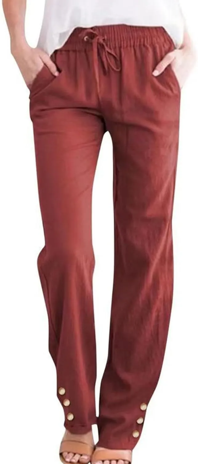 Cotton Linen Pants for Women 2025 Wide Leg Cropped Lounge Trousers Drawstring Elastic Waist Summer Beach Outfits