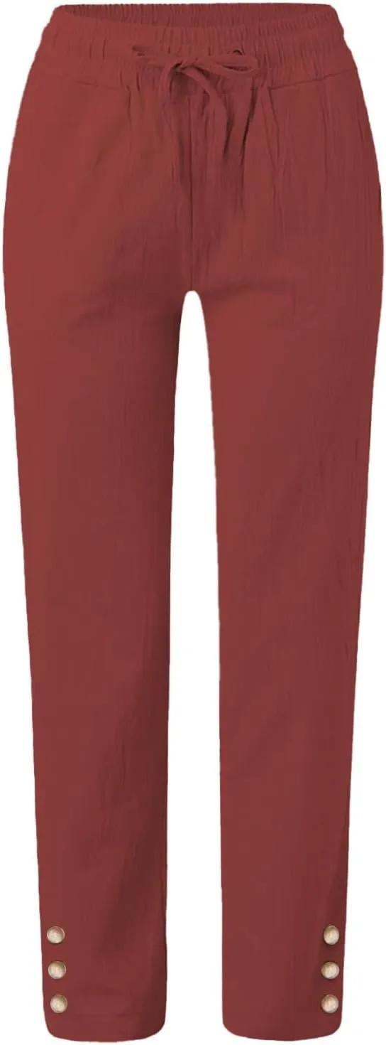 Cotton Linen Pants for Women 2025 Wide Leg Cropped Lounge Trousers Drawstring Elastic Waist Summer Beach Outfits