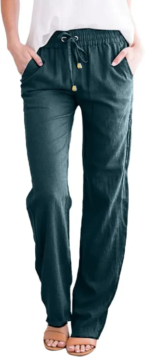 Cotton Linen Pants for Women Casual Loose Lightweight Beach Trousers Wide Leg Cropped Lounge Trousers with Pockets