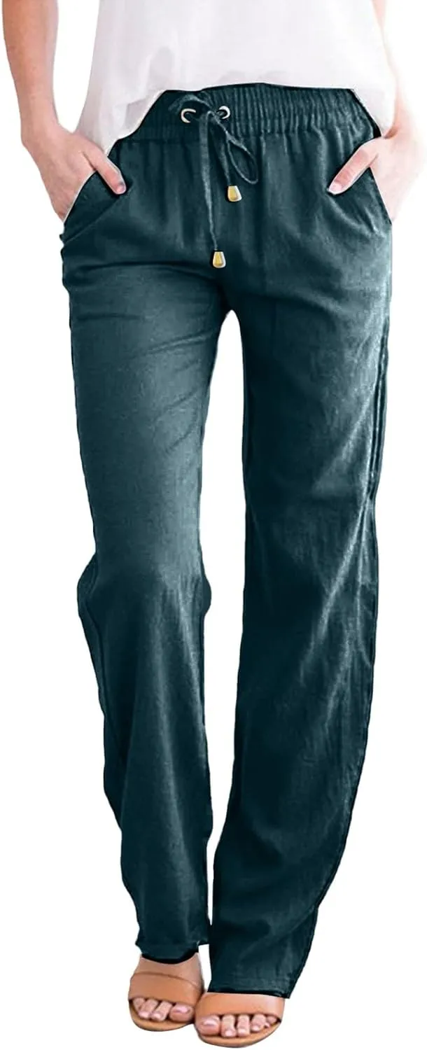 Cotton Linen Pants for Women Casual Loose Lightweight Beach Trousers Wide Leg Cropped Lounge Trousers with Pockets