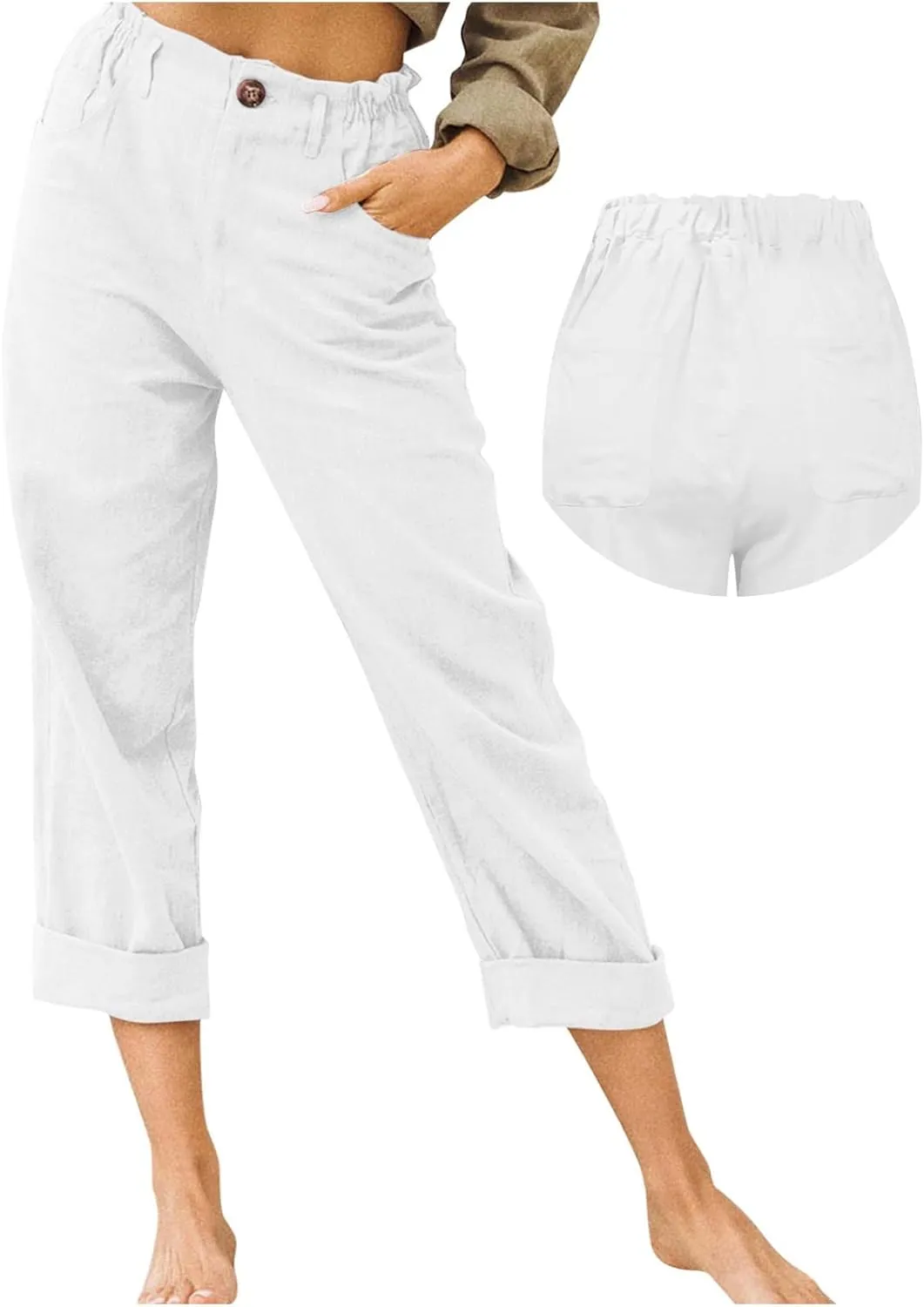 Cotton Linen Pants Women Elastic High Waist Solid Casual Baggy Trousers Straight Leg Comfy Summer Pants with Pockets