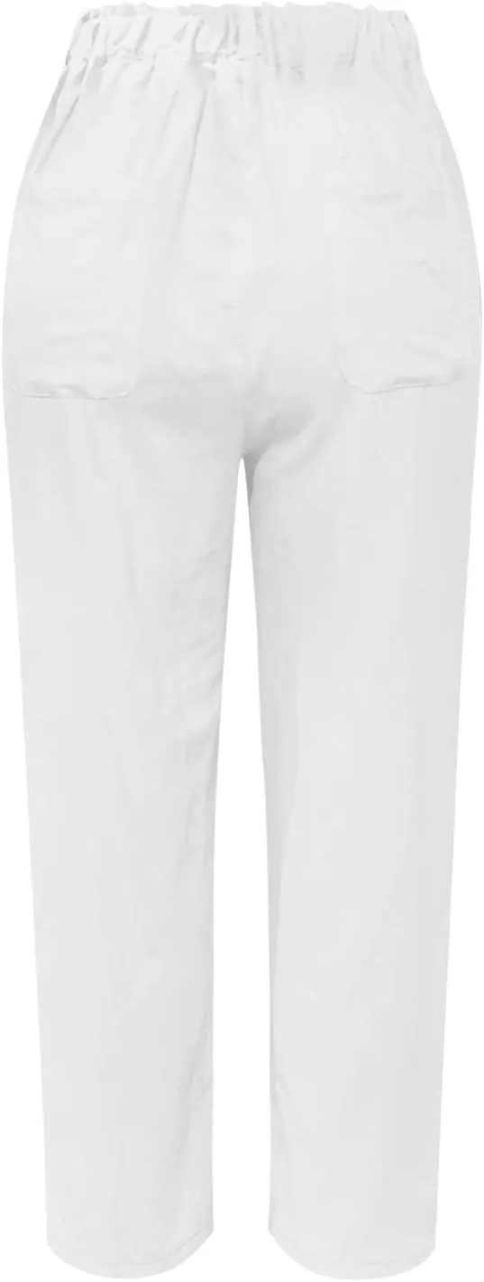Cotton Linen Pants Women Elastic High Waist Solid Casual Baggy Trousers Straight Leg Comfy Summer Pants with Pockets