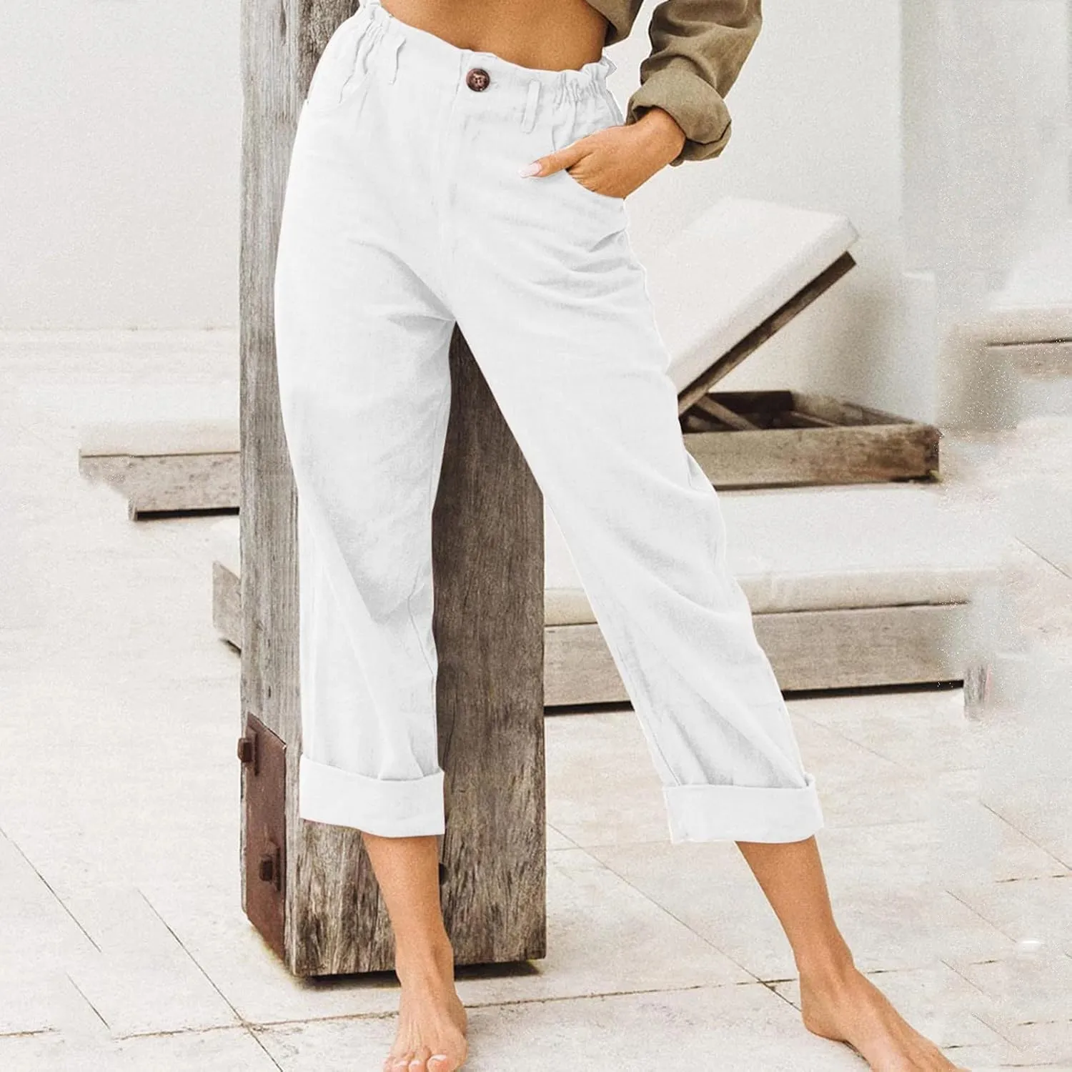 Cotton Linen Pants Women Elastic High Waist Solid Casual Baggy Trousers Straight Leg Comfy Summer Pants with Pockets