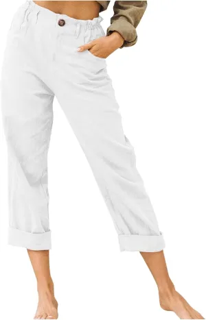Cotton Linen Pants Women Elastic High Waist Solid Casual Baggy Trousers Straight Leg Comfy Summer Pants with Pockets