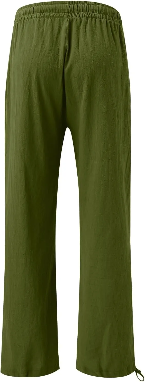 Cotton Linen Yoga Pants Drawstring Waisted Solid Joggers Pants Summer Straight Leg Athletic Pants