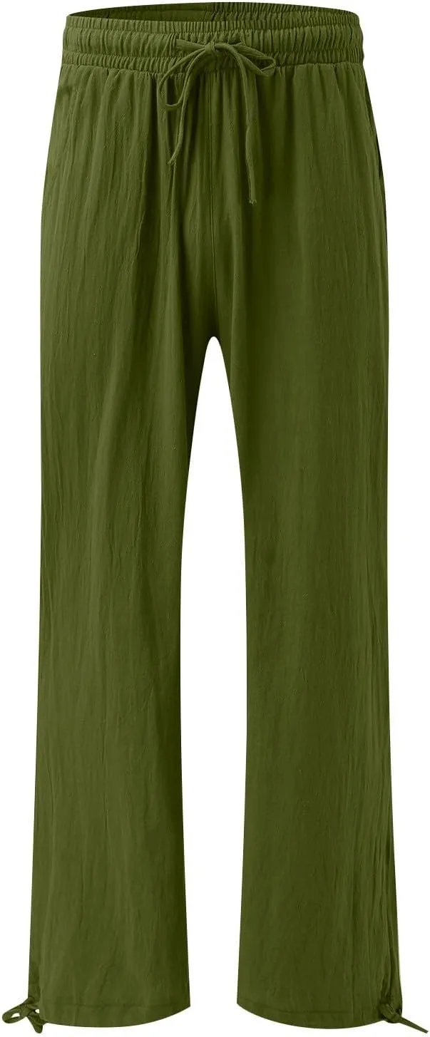 Cotton Linen Yoga Pants Drawstring Waisted Solid Joggers Pants Summer Straight Leg Athletic Pants