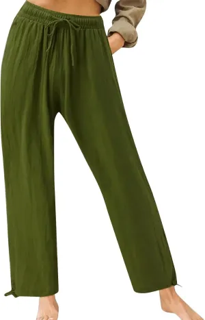 Cotton Linen Yoga Pants Drawstring Waisted Solid Joggers Pants Summer Straight Leg Athletic Pants