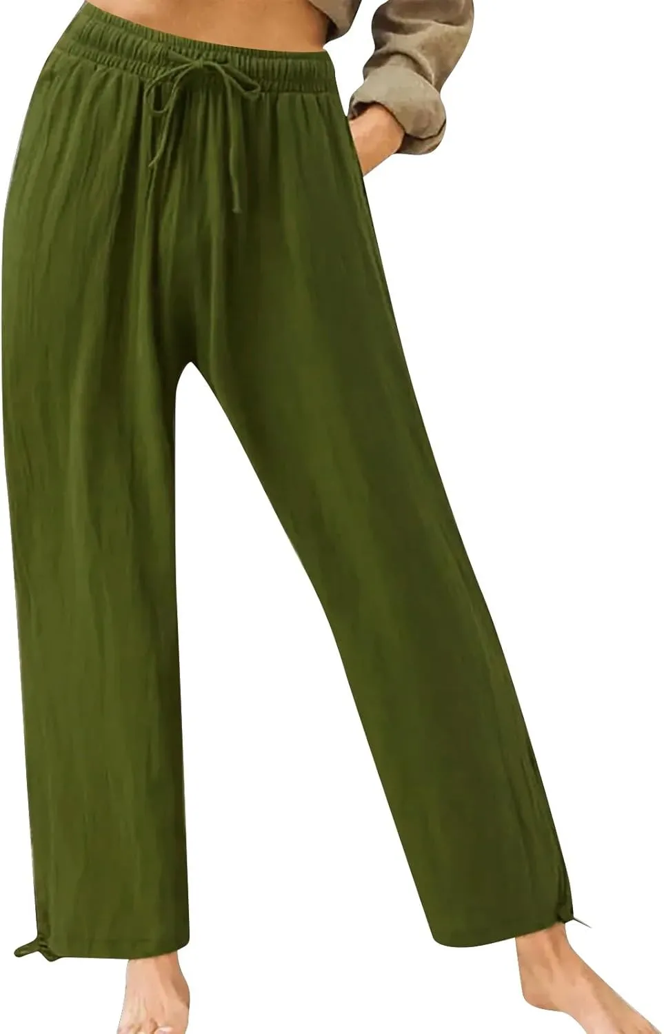 Cotton Linen Yoga Pants Drawstring Waisted Solid Joggers Pants Summer Straight Leg Athletic Pants