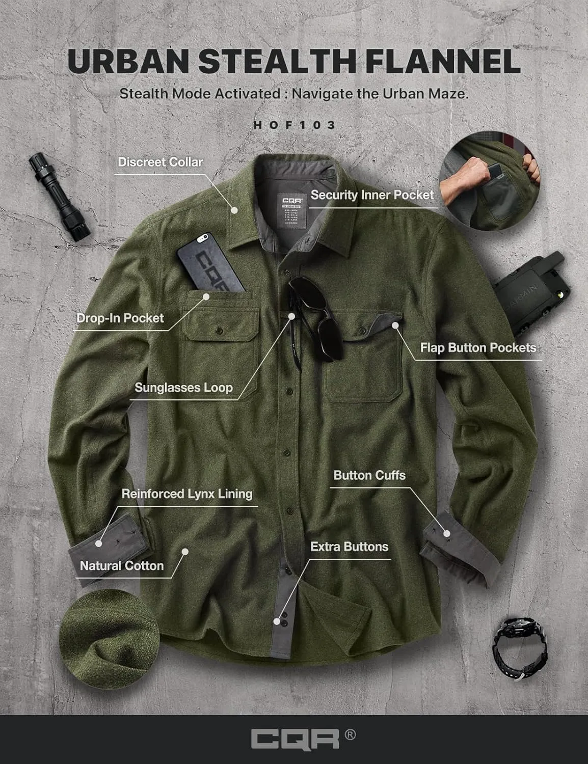 CQR Men's All Cotton Flannel Shirt, Long Sleeve Casual Button Down Plaid Shirt, Brushed Soft Outdoor Tactical Work Shirts