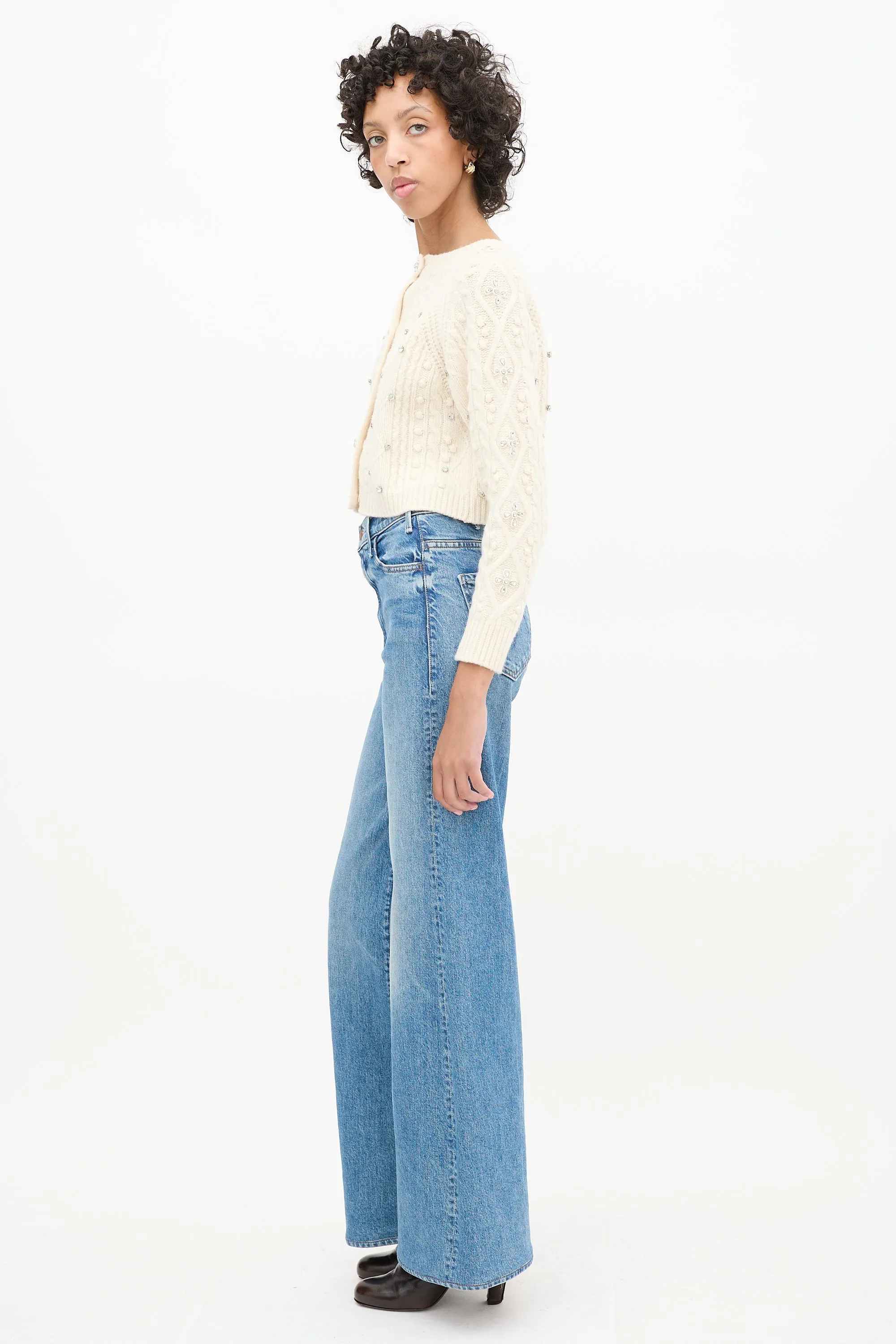 Cream Wool Crystal Embellished Otello Cropped Sweater