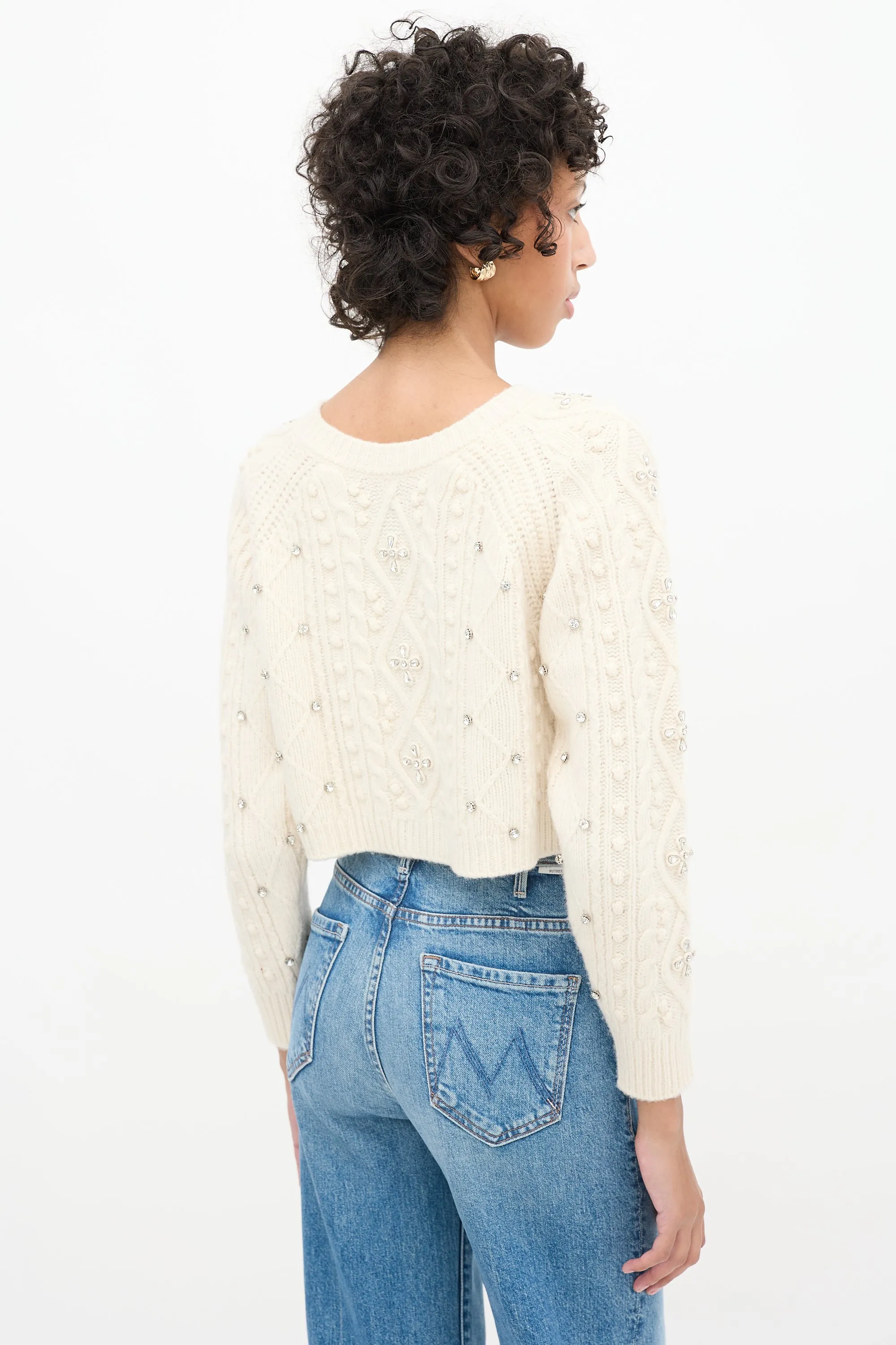 Cream Wool Crystal Embellished Otello Cropped Sweater