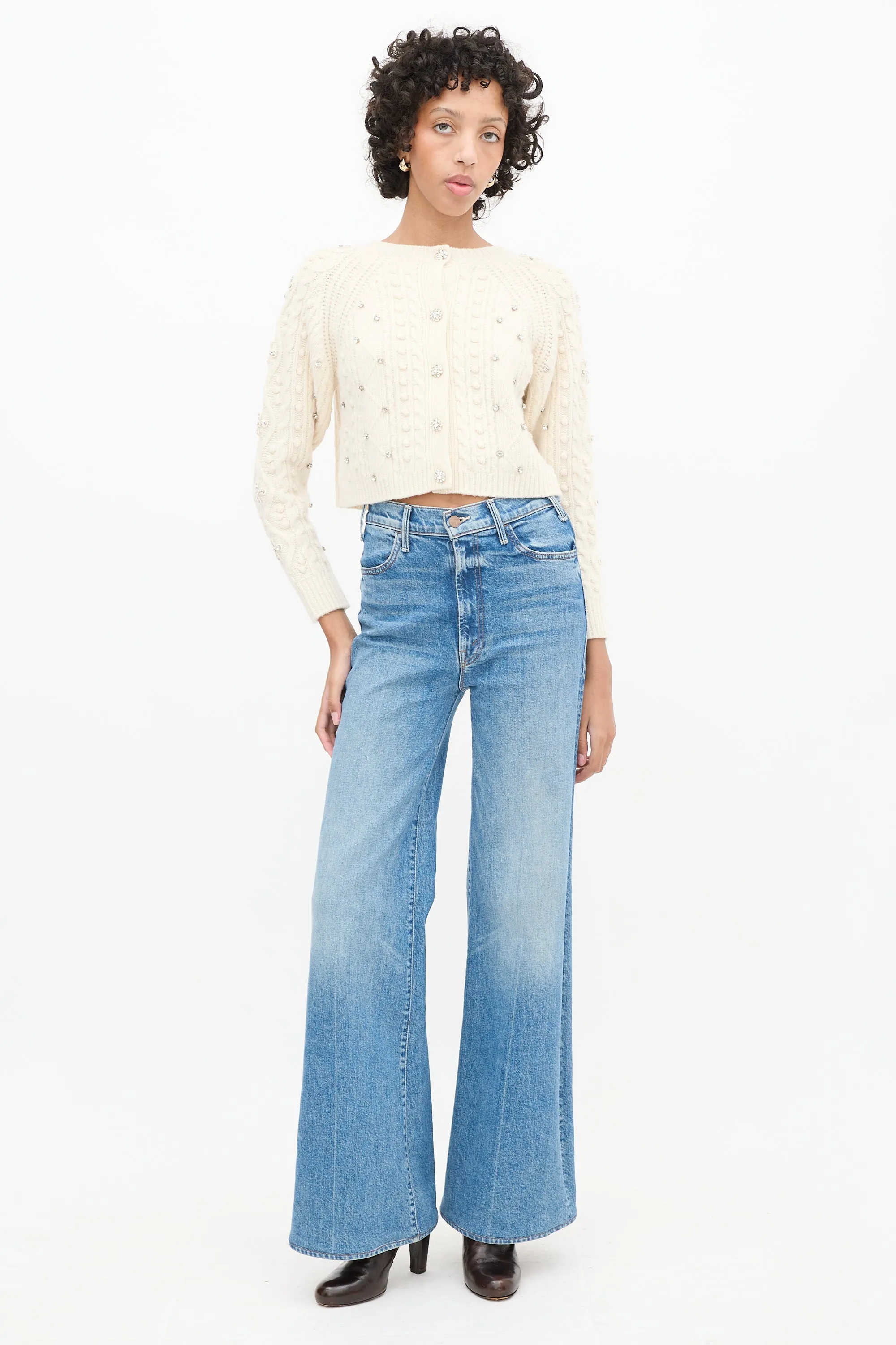 Cream Wool Crystal Embellished Otello Cropped Sweater