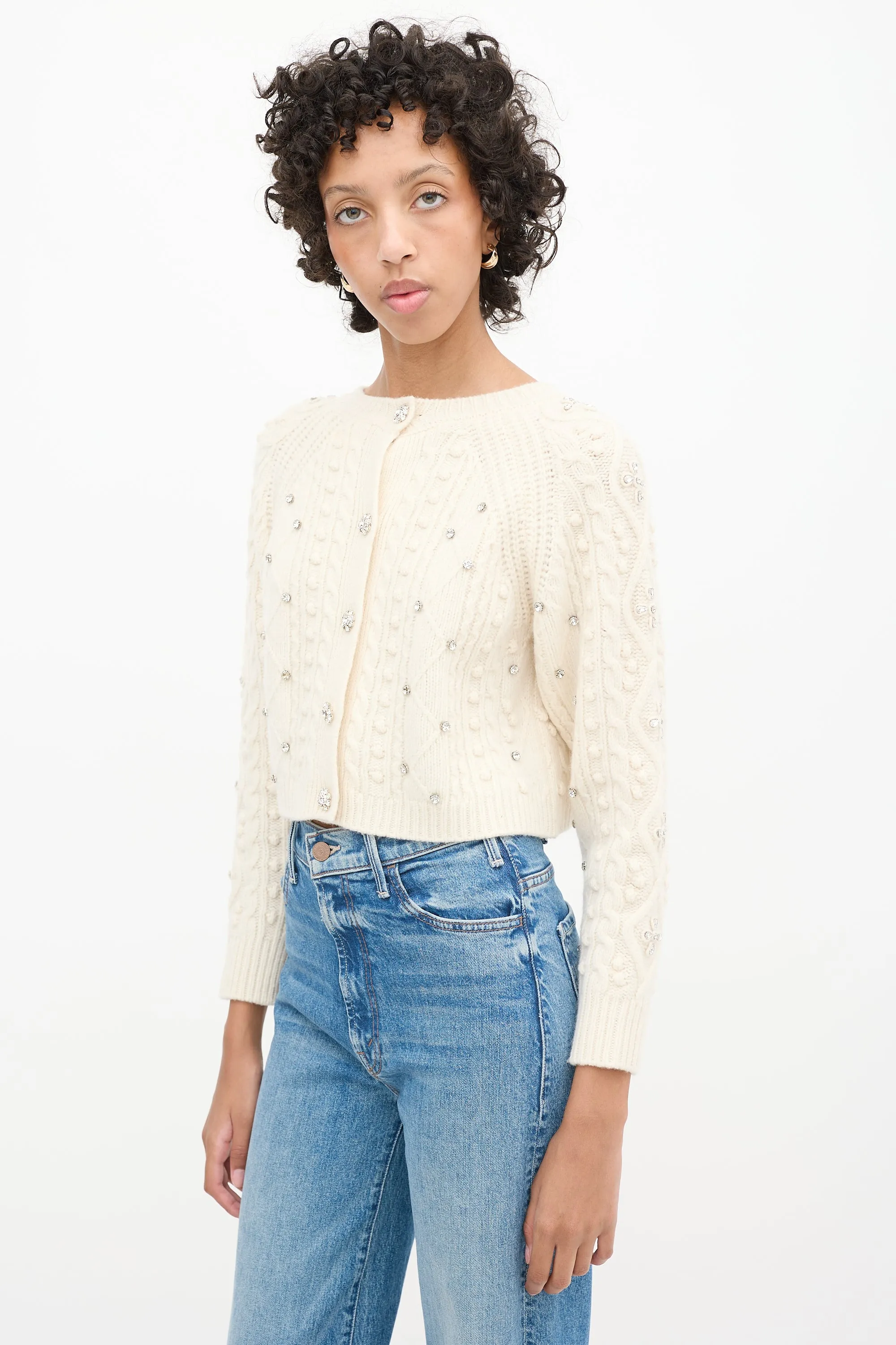 Cream Wool Crystal Embellished Otello Cropped Sweater