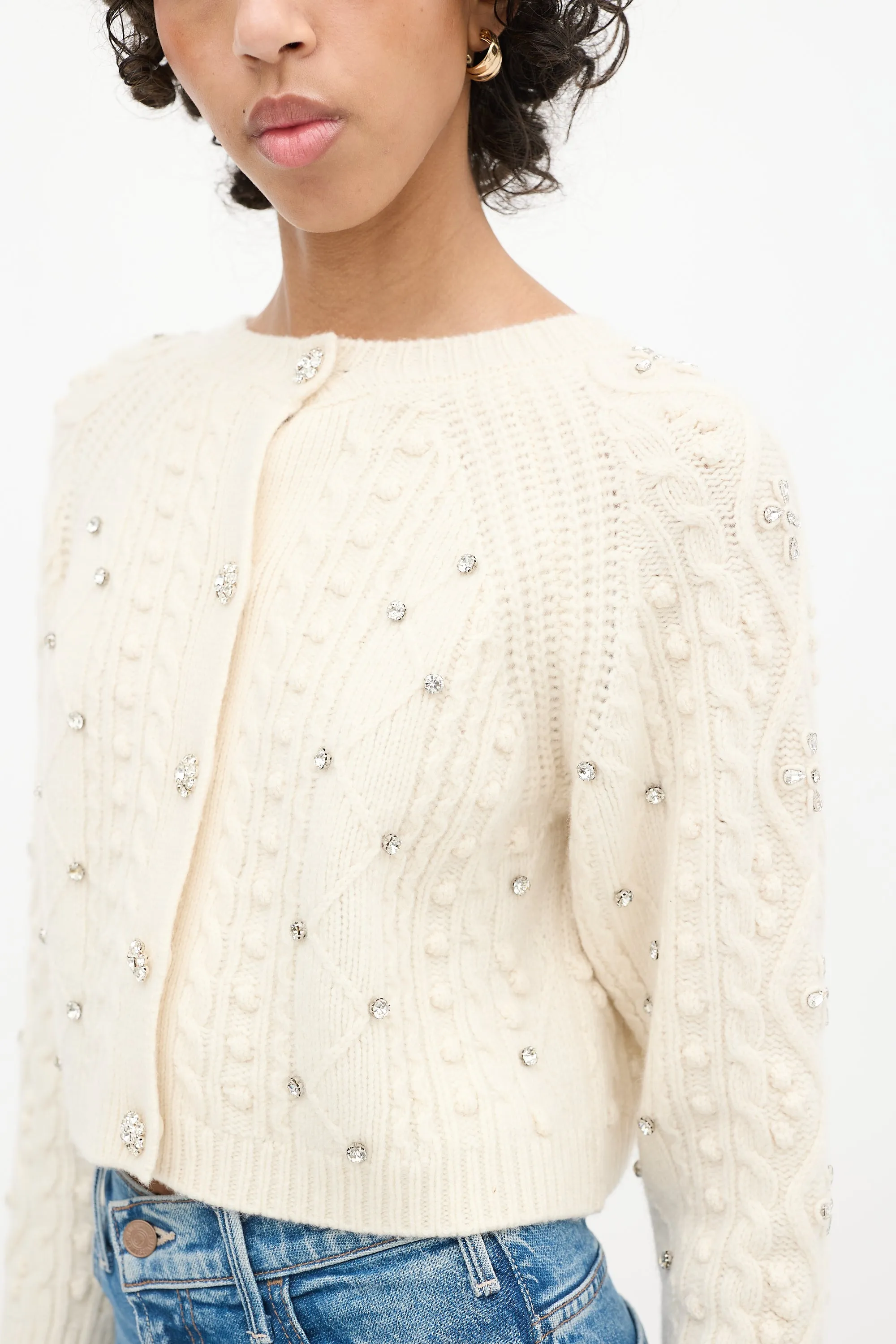 Cream Wool Crystal Embellished Otello Cropped Sweater