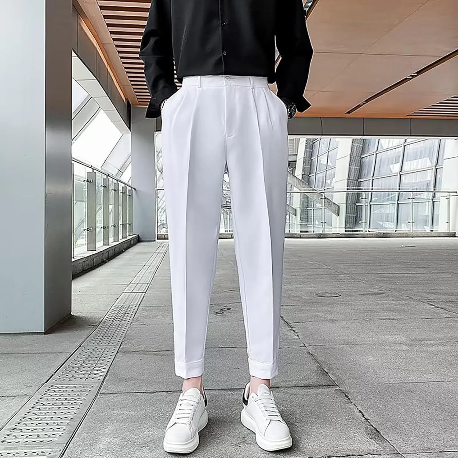 CRNTCEM Mens Straight Anckle Pants Spring Fall Flat-Front Formal Dress Pants Tapered Leg Casual Business Work Harem Trousers