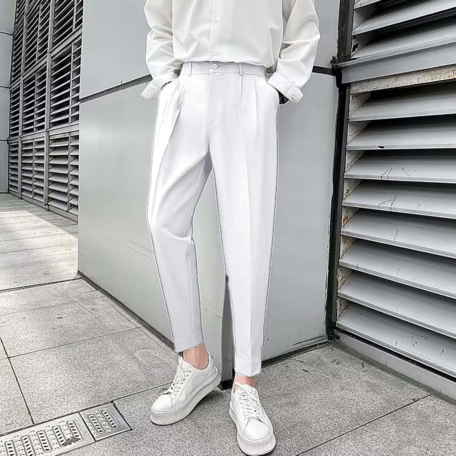 CRNTCEM Mens Straight Anckle Pants Spring Fall Flat-Front Formal Dress Pants Tapered Leg Casual Business Work Harem Trousers