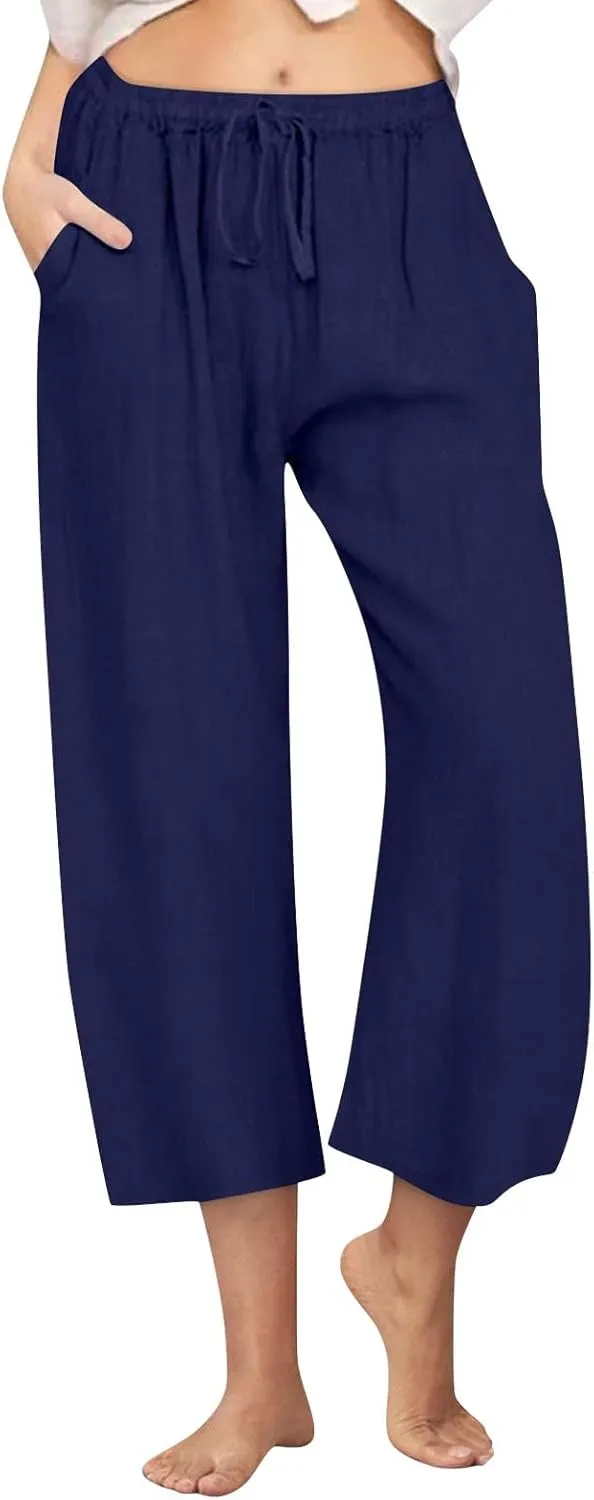 Cropped Linen Pants Women Summer Drawstring High Waisted Crop Gauze Pants Casual Beach Wide Leg Capris with Pockets