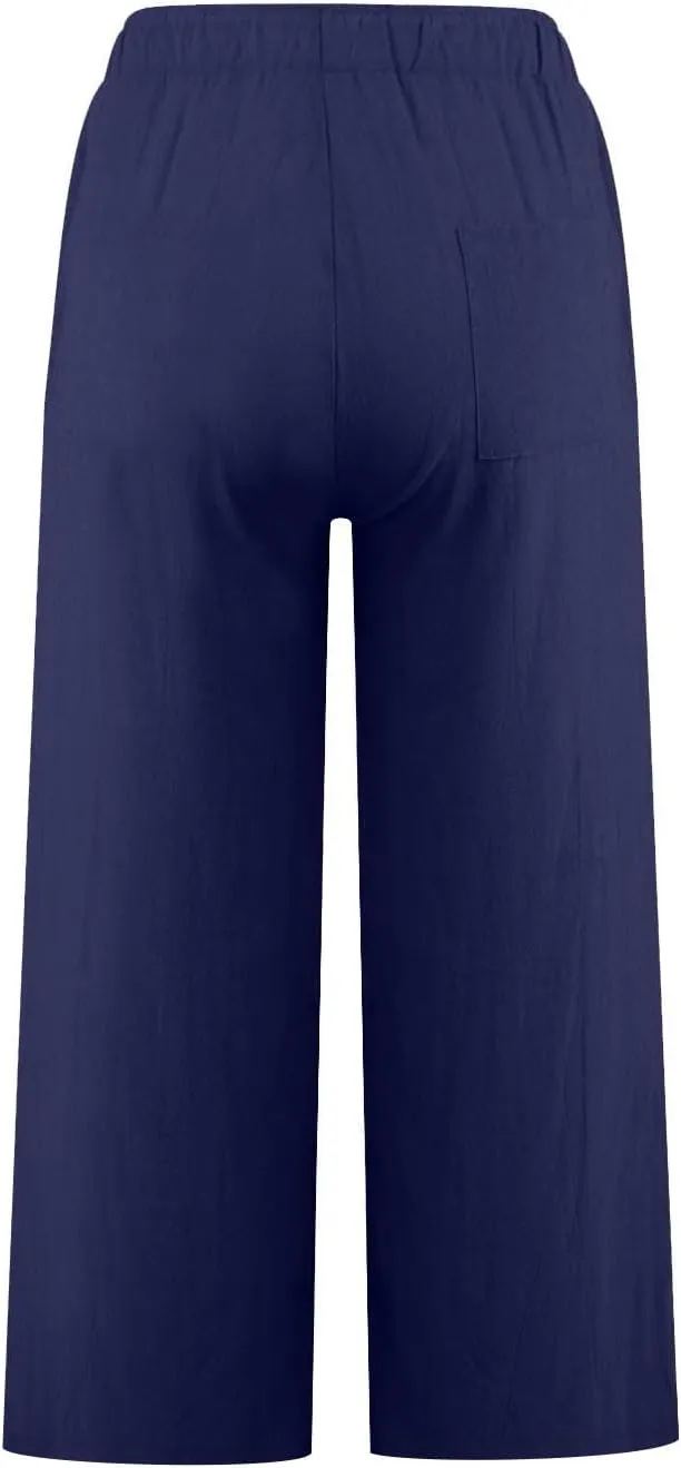Cropped Linen Pants Women Summer Drawstring High Waisted Crop Gauze Pants Casual Beach Wide Leg Capris with Pockets