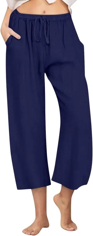 Cropped Linen Pants Women Summer Drawstring High Waisted Crop Gauze Pants Casual Beach Wide Leg Capris with Pockets