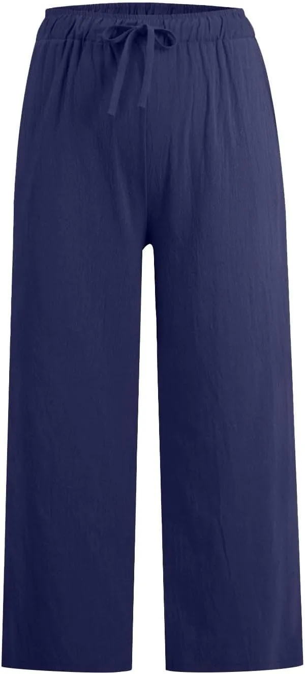 Cropped Linen Pants Women Summer Drawstring High Waisted Crop Gauze Pants Casual Beach Wide Leg Capris with Pockets