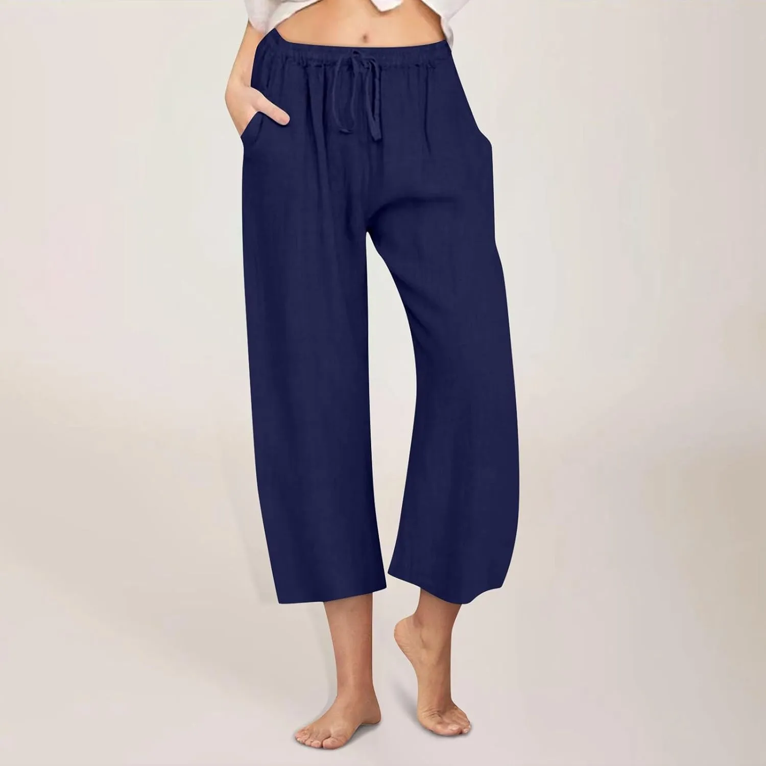 Cropped Linen Pants Women Summer Drawstring High Waisted Crop Gauze Pants Casual Beach Wide Leg Capris with Pockets