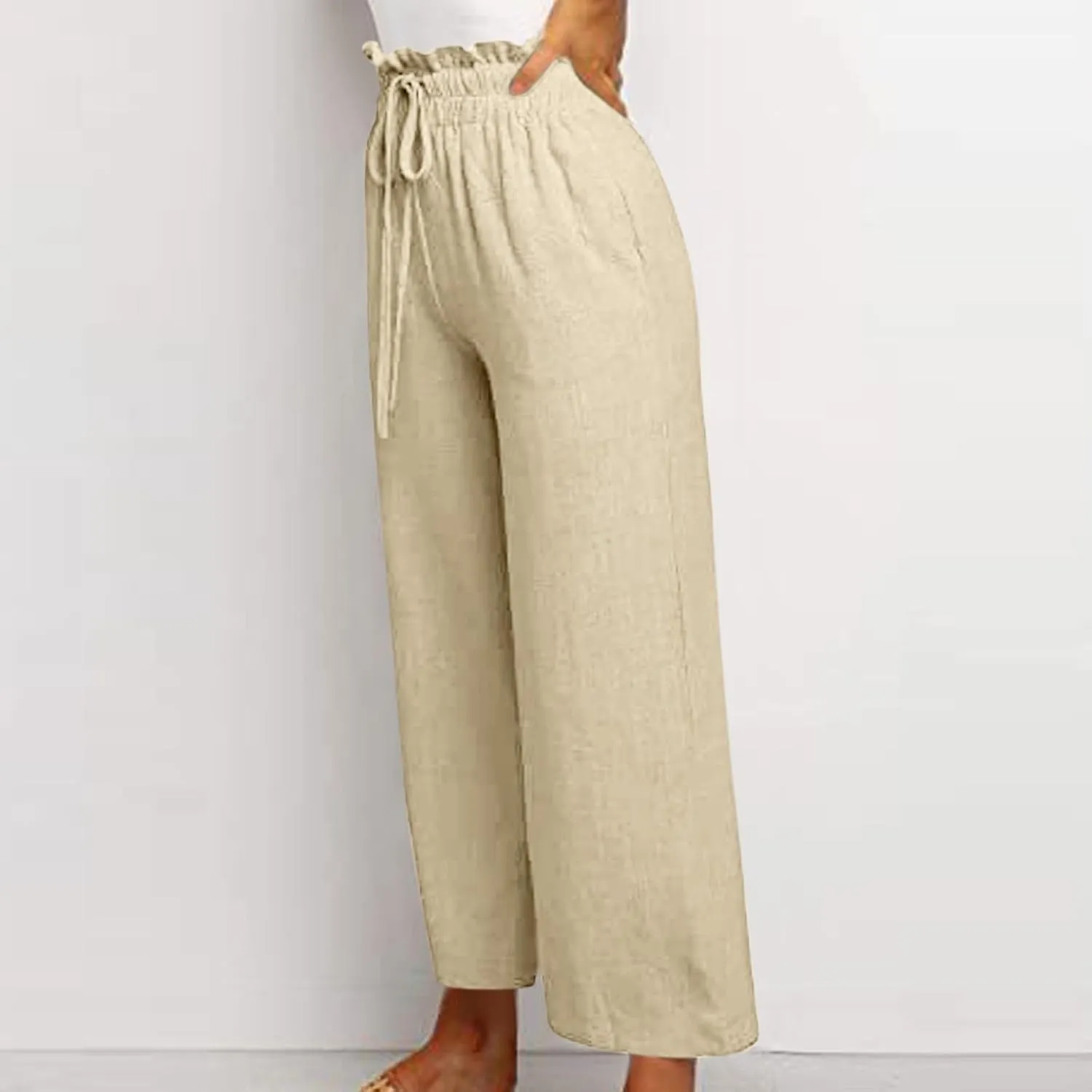 Cropped Wide Leg Linen Pants for Women Drawstring Elastic Waist Paperbag Pants Casual Loose Summer Beach Trousers