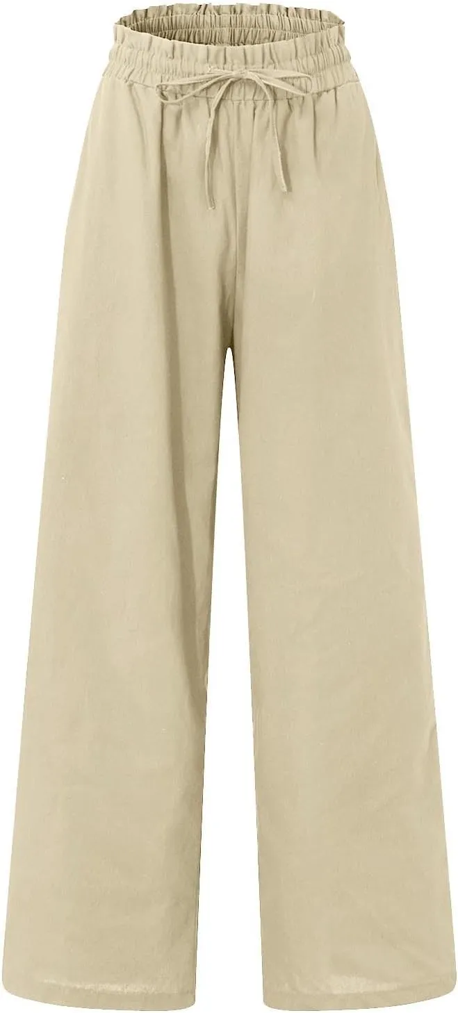 Cropped Wide Leg Linen Pants for Women Drawstring Elastic Waist Paperbag Pants Casual Loose Summer Beach Trousers