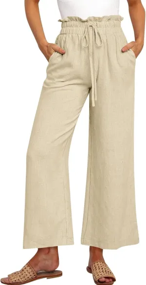 Cropped Wide Leg Linen Pants for Women Drawstring Elastic Waist Paperbag Pants Casual Loose Summer Beach Trousers