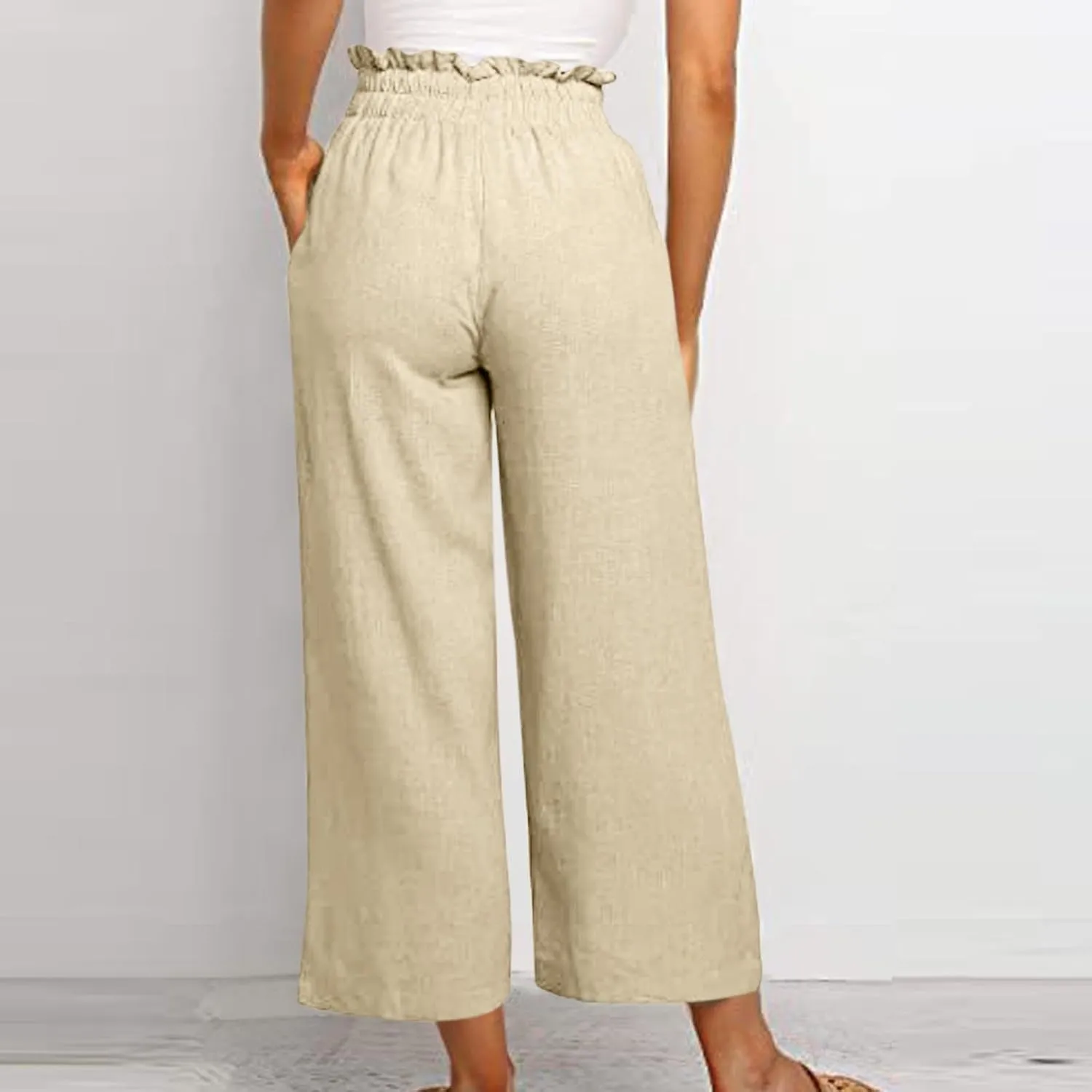 Cropped Wide Leg Linen Pants for Women Drawstring Elastic Waist Paperbag Pants Casual Loose Summer Beach Trousers