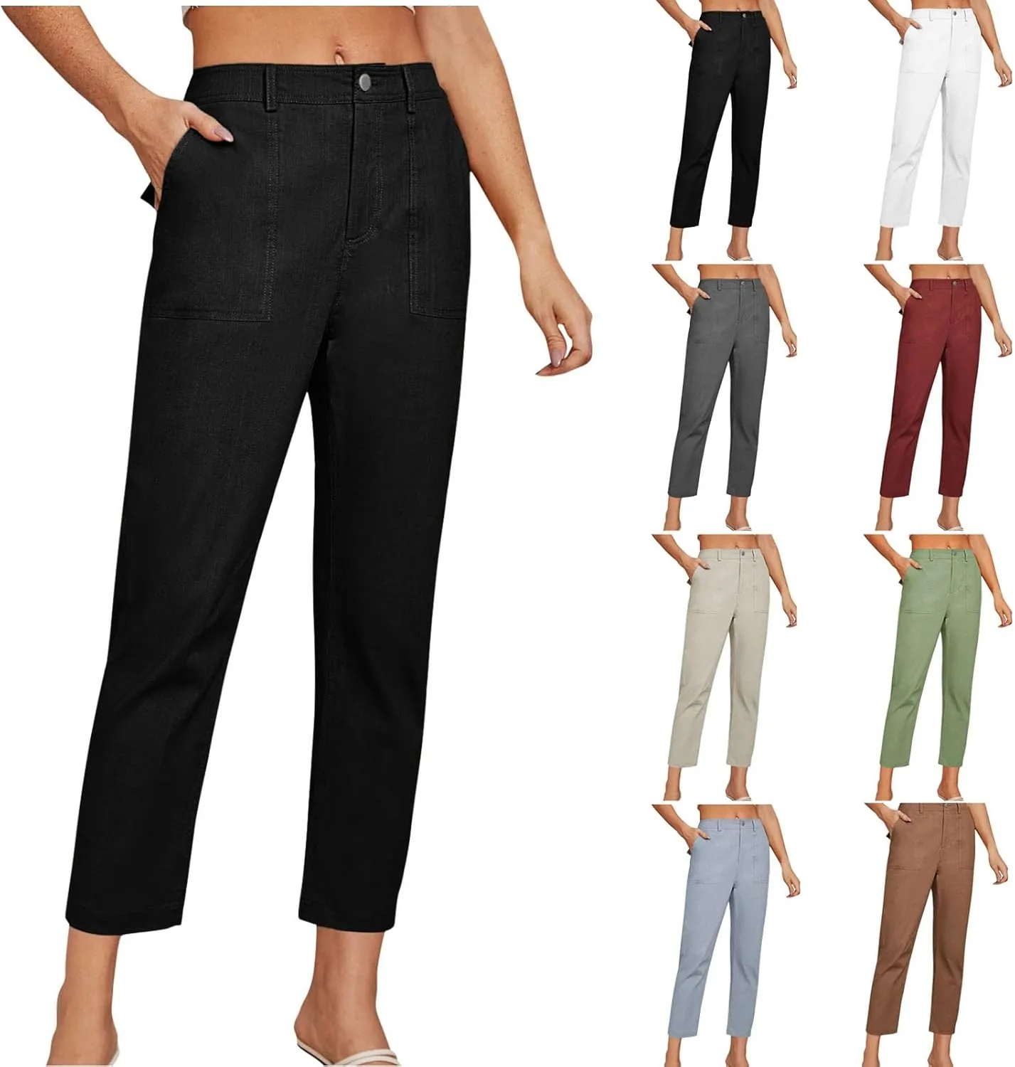 Cropped Work Pants Women High Waisted Business Casual Dress Pants Straight Ankle Length Tapered Trousers w/Pockets