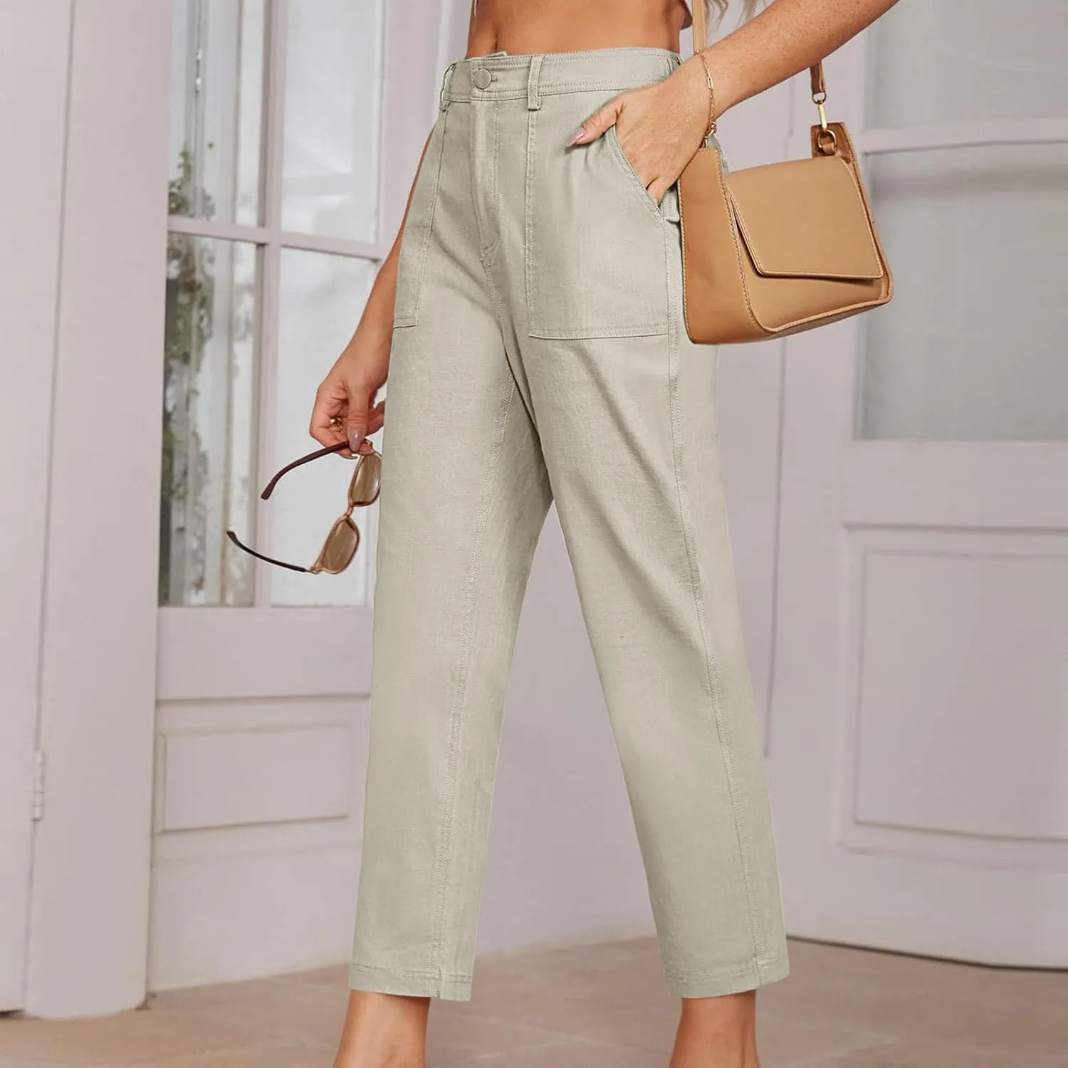 Cropped Work Pants Women High Waisted Business Casual Dress Pants Straight Ankle Length Tapered Trousers w/Pockets