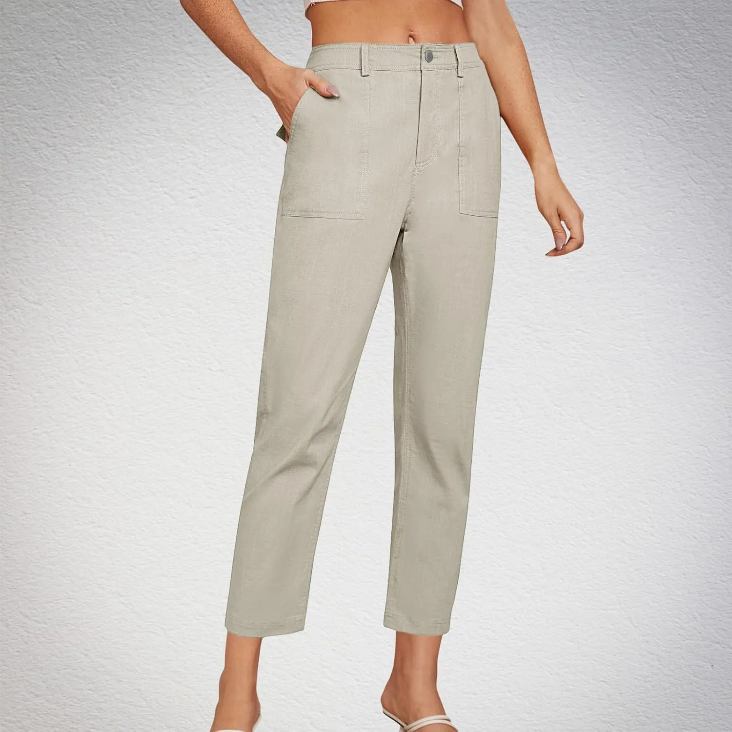 Cropped Work Pants Women High Waisted Business Casual Dress Pants Straight Ankle Length Tapered Trousers w/Pockets