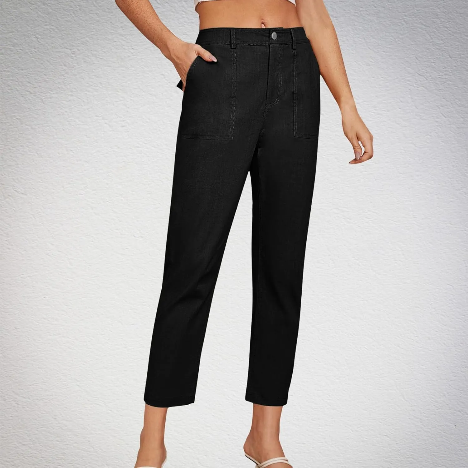 Cropped Work Pants Women High Waisted Business Casual Dress Pants Straight Ankle Length Tapered Trousers w/Pockets